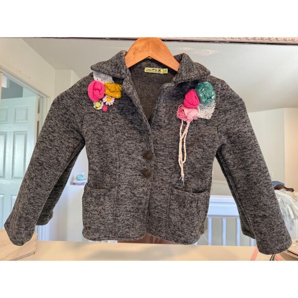Little Mass Vintage Gray Cotton Floral Embellished Cardigan Jacket Girl’s Size 6 - Picture 1 of 6